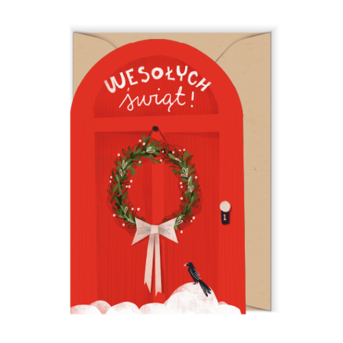 Czerwone drzwi z napisem Wesołych Świąt