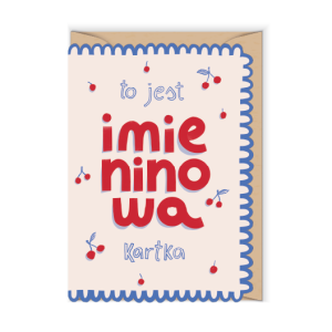 Kartka imieninowa z motywem wisienek i niebieską falbanką